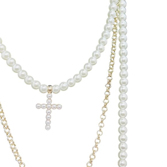 New 3 Strand Faux Pearl & Cable Chain Gold Tone Necklace With Cross Charm (5454) - Picture 3 of 8